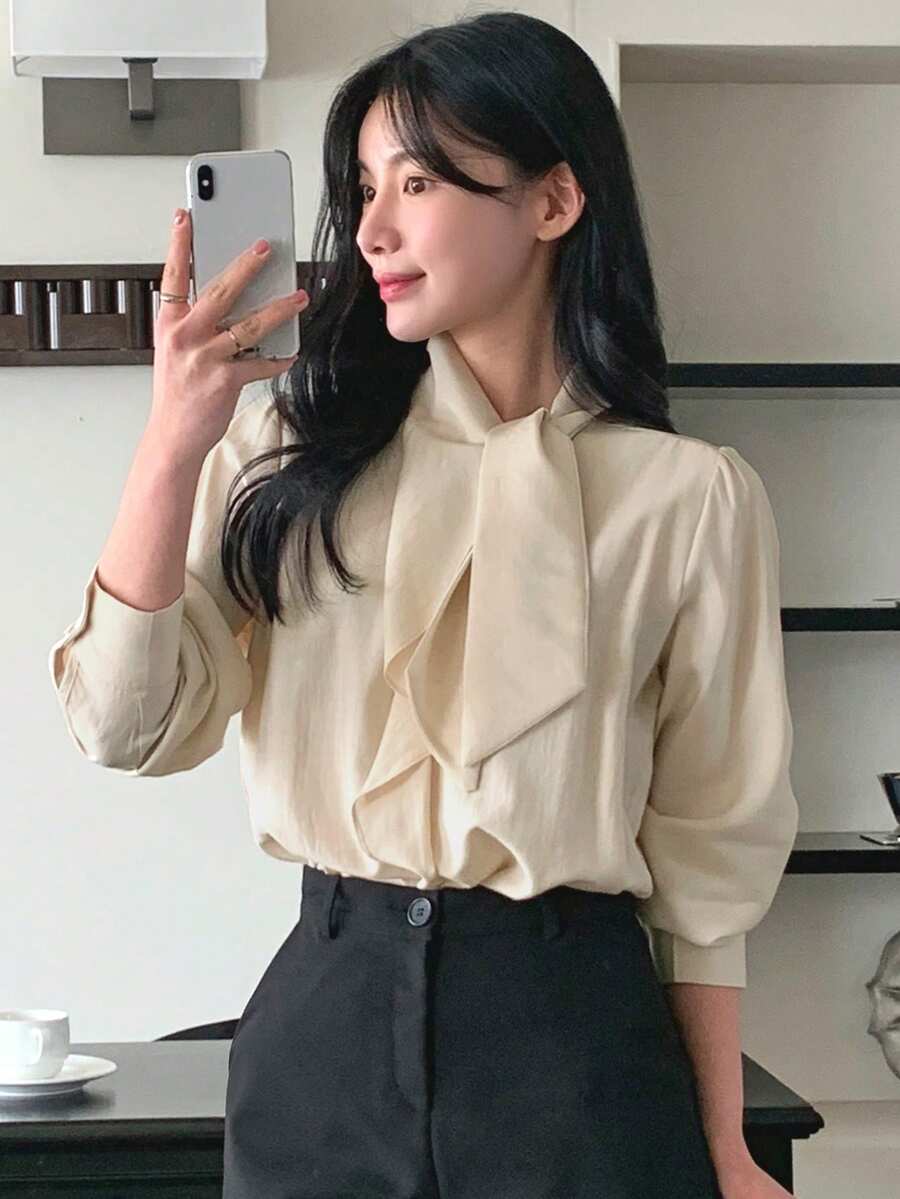 DAZY Women's Tie-Up Ruffle Hem Fitted Khaki Elegant Blouse - Apricot - View 1