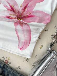 Attitoon Women's Casual Asymmetric Ruched Cropped Top, Hibiscus Flower Print, Hawaiian Print - Multicolor - View 5