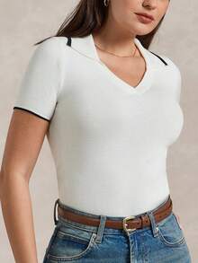 Briarwyn Women's Contrast Trim Collared Short Sleeve Knit Top,Black And White,Summer,Elegant And Classy,Everyday,Back-To-School,Minimalist Graduation Blouse - White - View 9