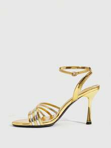 CUCCOO SZL Zapatos de tacón alto con lazo dorado encantador - Sandalias de tacón de aguja de punta abierta y slip-on metálicas de moda para mujer, adecuadas para fiestas y ocasiones de noche - Dorado - Ver 9