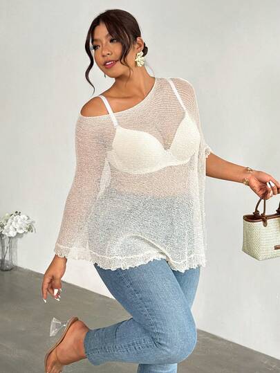 Firerie Plus Size Casual Beach Solid Color Asymmetric Sheer Knit Top