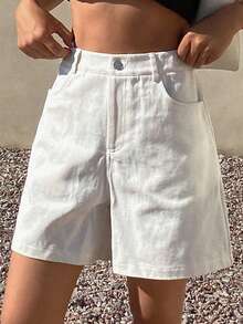 DAZY Quần short nữ dáng suông, màu trơn, thêu hoa, có túi, kiểu dáng thường ngày, thích hợp cho kỳ nghỉ hè. - trắng - Xem 4