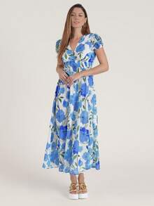 女士印花雪纺连衣裙，长款/中长款，泡泡袖，度假连衣裙，波西米亚风连衣裙，V领 - 藍白色 - 查看 6