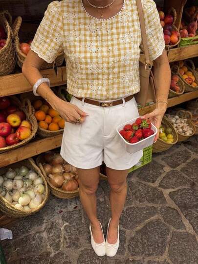 Serisse Women's Round Neck Plaid Burnout Embroidered Casual Versatile Daily Wear Shirt