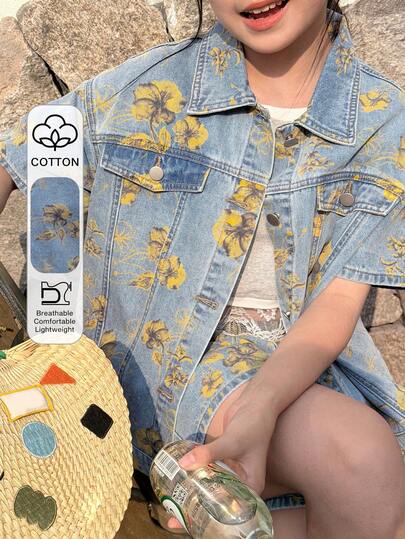 DAZY Conjunto de top de denim con estampado floral y shorts para niñas preadolescentes, estilo coreano de verano