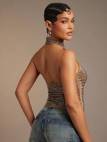 Hauture Women's Sexy Sexy Solid Black Backless Halter Top With Rhinestone Detail - Khaki - View 2