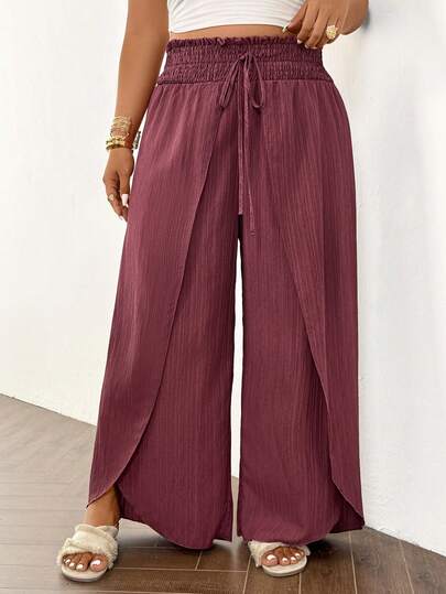 SHEIN Frenchy Pantalones anchos casuales y versátiles de talla grande para mujer, de unicolor, con cordón en la cintura y bajo con abertura