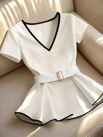 Franclia Women's Elegant Blouse Women's Summer Blouse Women's Solid Color Blouse White Blouse Black Contrast Trim Blouse V-Neck Blouse Belted Blouse Commuter & Business Formal Blouse Summer Short-Sleeve Blouse Women's Fashionable Daily Versatile Blouse Women's Elegant Blouse Summer Outdoor Wear