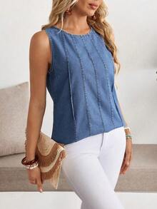 EMERY ROSE 夏季大码无袖牛仔休闲上衣 - 藍色 - 查看 3