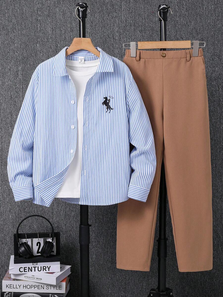 SHEIN Tween Boy 2pcs Outfit - Gentleman Striped Shirt And Pants Set, Kids Winter Coat, Tween Boy Long Sleeve Shirt, Christmas Sweatshirt And Pants, Tween Boy Winter Jacket, Long Sleeve Blouse - Blue - View 1