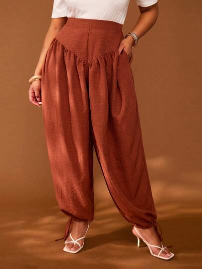 Veslaya 2026春夏大码女装音乐节、复活节、西部风情、游牧风、生日派对、毕业典礼、大学、学生、日常休闲、度假、邮轮、海滩、日光浴、潮流、街头风、婚礼宾客、通勤、早午餐、机场、派对、节日、优雅晚宴、舞会、休闲、精致棕色高腰喇叭裤，裤腿收口至脚踝处