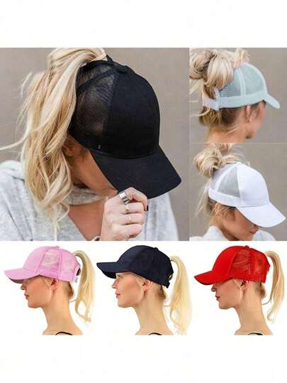 (Please Note That The Size Is Too Large) 1 Pc Adjustable New Ponytail Women's Hat Back Opening Mesh Trucker Hat Leak Braid Ducktail Baseball Cap Sun Hat Outdoor Solid Colour Cap Fashion Ladies Ducktail Baseball Cap Lightweight, Ideal For Outdoor Sports, Golf, Fishing, Running - Assorted Colors