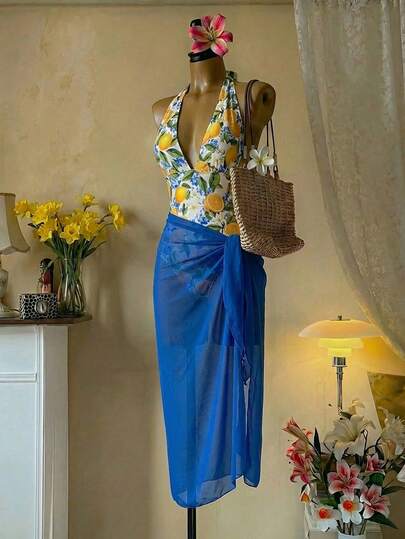 SHEIN MOD Conjunto de traje de baño de una pieza con estampado de limón y falda azul