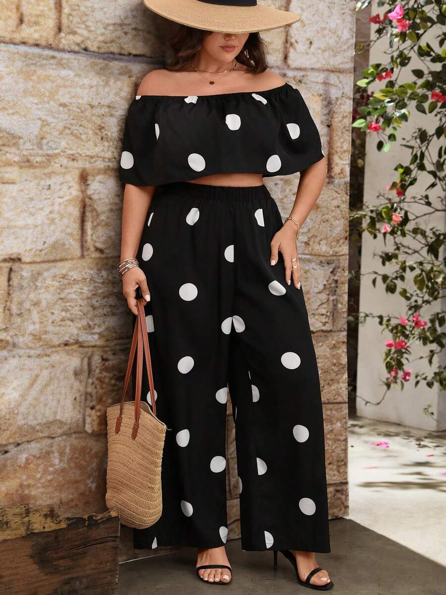 EMERY ROSE Plus Size Women 1-Shoulder Polka Dot Crop Top And Wide Leg Pants 2 Pieces Set - Black - View 1