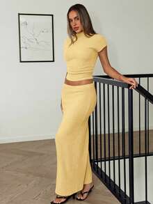 Siren Gaze Women's Solid Color Mandarin Collar Cap Sleeve T-Shirt And Long Fitted Midi Skirt 2 Pieces Set Yellow Two Piece Set Two Piece Set Women Comfy Two Piece Set Women Short Sleeve Yellow Sets For Women Comfortable Two Piece Set - Light Yellow - View 5