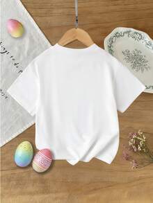 Playful Pals Baby Girl Cute Floral Bunny Letter Print Short Sleeve T-Shirt, Suitable For Easter And Summer - Multicolor - View 2