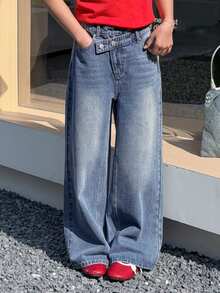 DAZY Tween Girls' Casual Everyday Commute Fashion Street Asymmetrical Waistband Design Washed Loose Wide Leg Jeans - Blue - View 3