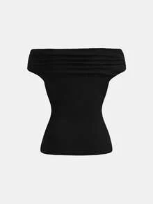 SHEIN Girlism 不对称肩部针织T恤，黑色，时尚独特，适合春夏、秋冬叠穿 - 黑色 - 查看 2