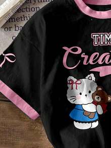 SHEIN EZwear 休闲可爱甜美，卡通蝴蝶结运动风，萌猫印花圆领宽松女式T恤 - 彩色 - 查看 5