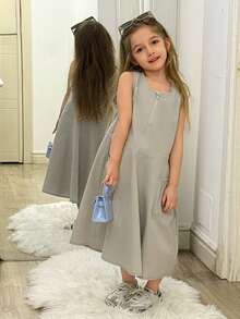 DAZY Mädchen (Kleine Größe) koreanischer Stil einfarbiger Jumpsuit Kleid, Frühling/Sommer - Grau - Übersicht 4