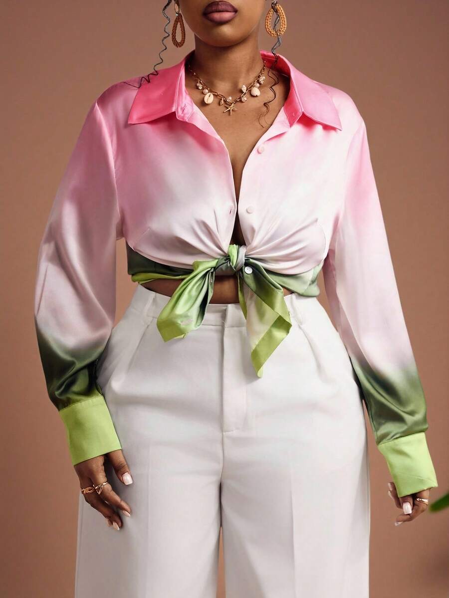 Truni 大码女式优雅渐变色图案衬衫，适合海滩度假、夏季休闲穿着，粉色衬衫，粉色上衣，大码纽扣衬衫，大码夏季衬衫，玛格丽塔衬衫，沙滩衬衫，系带衬衫，蝴蝶结衬衫，性感衬衫，教堂上衣，粉绿色上衣，粉绿色衬衫，渐变色衬衫，蝴蝶结腰带衬衫，绿色衬衫，适合梨形和三角形身材的粉绿色套装，女士粉彩衬衫，女士蝴蝶结上衣，优雅现代衬衫，女士最新套装，女士两件套，女士夏季衬衫，女士上衣和衬衫，女士套装，女士两件套，休闲女士度假套装