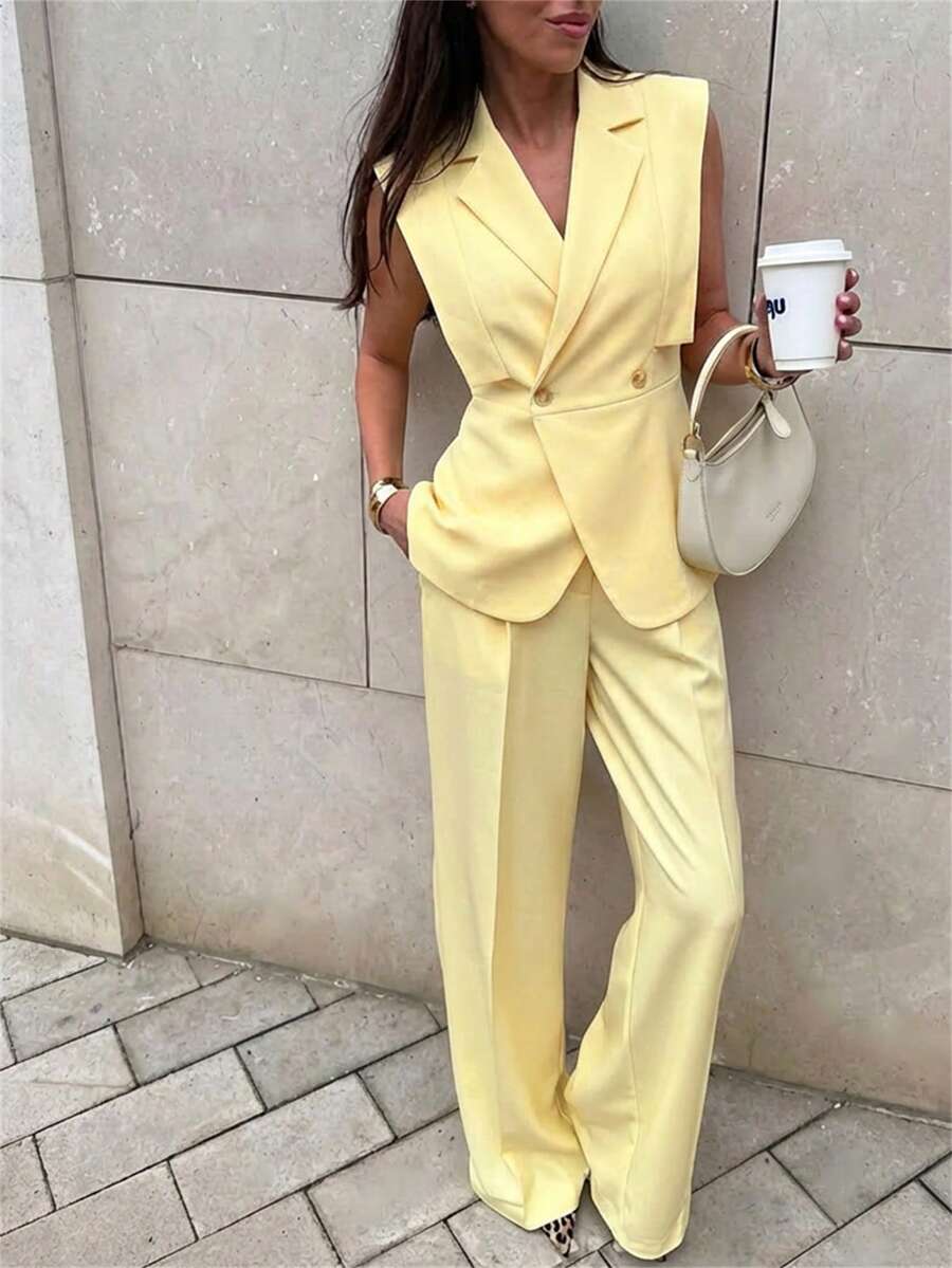 Aloruh 女士优雅缺角领收腰无袖纯色西装外套