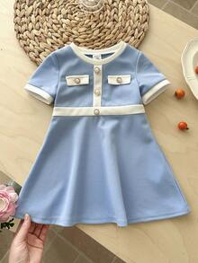 LMoss Kids Vestido casual de punto con cuello redondo y bloques de color para niña bebé - Azul - Ver 6