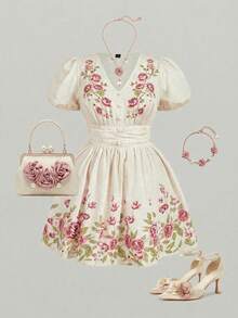 SHEIN MOD Đầm ngắn dáng rộng, in họa tiết quả mơ, cổ chữ V, thắt eo, thích hợp cho các buổi đi chơi, kỳ nghỉ và tiệc ngoài trời. - Màu be - Xem 8