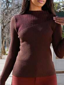 Yess Loren 半高领透明修身针织毛衣 - 棕色 - 查看 4