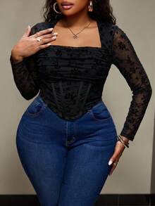 Truni Plus Size Women's Short Sleeve T-Shirt Top, Flocked Floral Pattern Waist Fitted Top, For Pear And Triangle Body Shape - Black - View 4