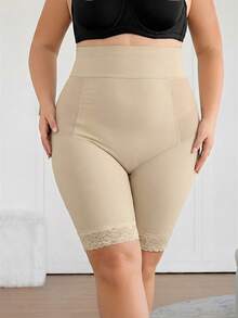 SHEIN CURVE+ 大码女式纯色网眼拼接高腰塑形短裤/2026/新年 - 杏色 - 查看 4