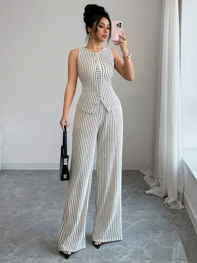 SHEIN Tall Women's Casual Striped Button Decor Sleeveless Fitted Crop Top And Straight Leg Pants 2-Piece Set Women Two Piece Sets Elegant