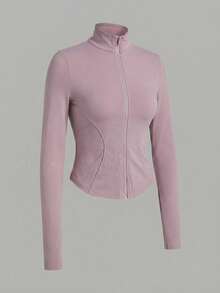 SHEIN EZwear 杏色针织修身女士长袖防晒外套，秋冬季款 - 淺灰紫 - 查看 3