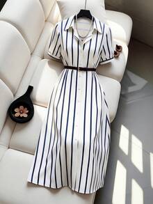 Franclia Women's Blue & White Striped Short Sleeve Midi Dress - Blue and White - View 5