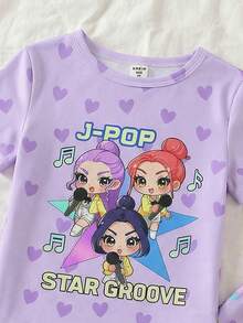 两件套女童卡通印花睡衣，紫色和紫红色爱心图案针织弹力柔软短袖上衣和裤子，可爱甜美睡衣套装 - 紫色 - 查看 3