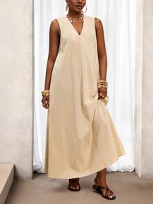 BamGleam 女士V领无袖竹纤维编织宽松A字廓形时尚优雅休闲度假连衣裙 - 杏色 - 查看 4