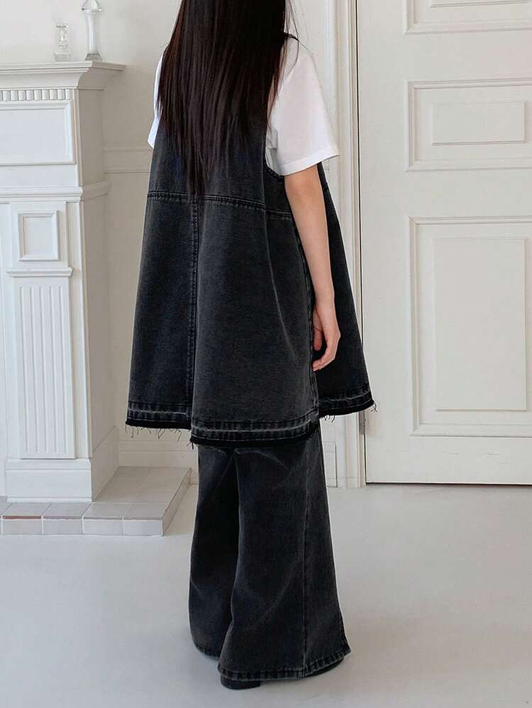 2pcs/Set Tween Girls Denim Vest & Flare Jeans Outfit