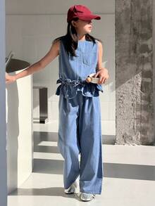 DAZY Tween Girl Casual Vacation Style Fashion Street Peplum Waist Sleeveless Denim Jumpsuit, Spring/Summer - Blue - View 4