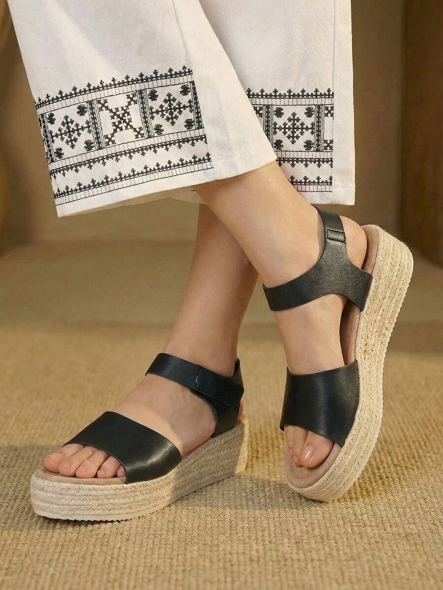 Styleloop Women's Fashion Solid Color Woven Casual Platform Wedge Sandals, Bohemian Vacation Retro Vespa Canvas Wedge Heel Ankle Strap Sandals, Spring Summer Shoes Spring Break Easter - Black 4 - View 1