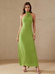 Aveloria Rosie New Stylish Design Casual Halter Intellectual Gentle A-Line Dress, Slimming & Flattering - Green - View 4