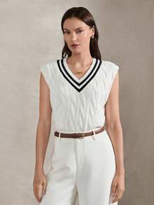 Briarwyn Summer Women's Striped V-Neck Cable Knit Sweater  Pattern Casual Knit Vest, Preppy Style ,Old Money Style,Summer Clothes - Beige - View 3