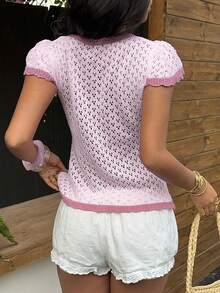 Elamini 女士休闲可爱百搭短袖方领花瓣袖开衫 - 粉色 - 查看 2