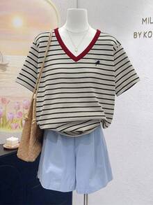 Lalippa Vintage Colorful Striped Short Sleeve V-Neck T-Shirt, Casual Summer Top For Women - Brown - View 3