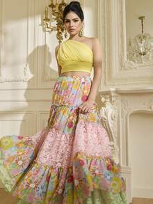 LOTSLUV Saia Ampla Feminina com Estampa Floral Colorida, Renda Contrastante, Extra Grande - Multicolorido - Visão 5