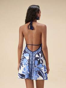 Travachic Women's Tropical Plant Print Backless Mini Dress, Vacation Style - Blue and White - View 2