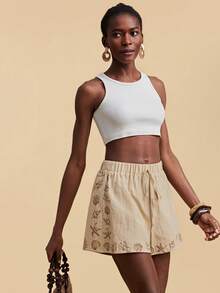 Travachic 女士系带腰带休闲海洋印花度假短裤 - 杏色 - 查看 6