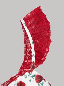 SHEIN MOD Red Rose Floral Print Contrast Lace Crisscross Ribbon Top – Date, Party, Women's Summer And Spring Wear, Spring Break, Vacation, Picnic, Festival, Birthday - Red and White - View 4