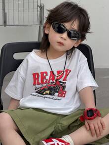 DAZY Camiseta de manga corta de cuello redondo con estampado de letras y coches de carreras casual para niño, verano - Blanco - Ver 6