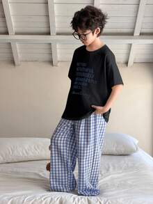 Dazy Kids Tween Boy Slogan Print Short Sleeve T-Shirt And Plaid Pants Pajama Set - Black - View 2