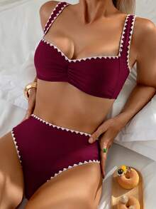Swim Basics Women's Summer Beach Solid Color Shell Trim Thick Strap Front Ruched Hollow Back Bikini Top And Shorts Casual Holiday Swimsuit Set - Burgundy - View 1